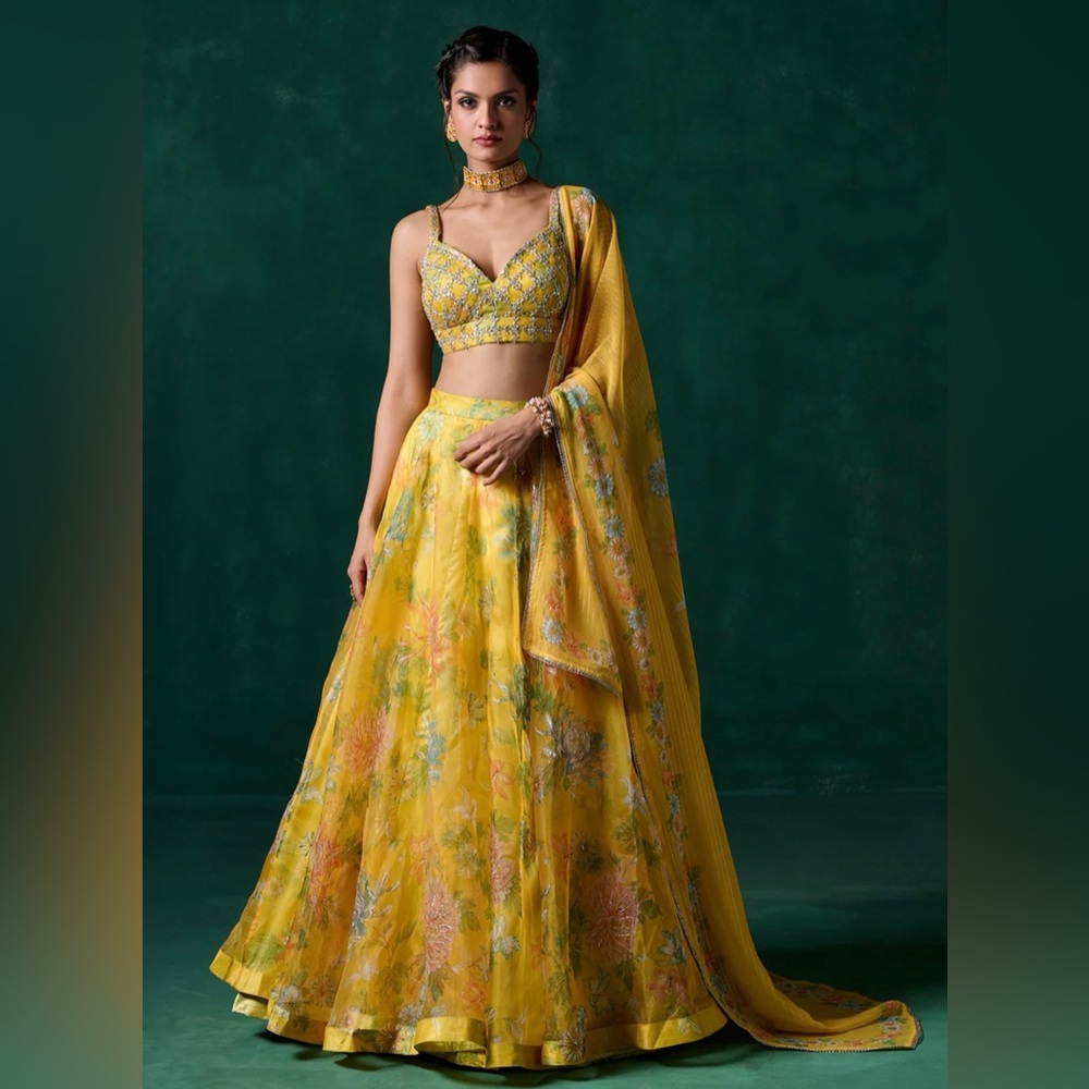 Yellow Multicolor Floral Printed Lehenga